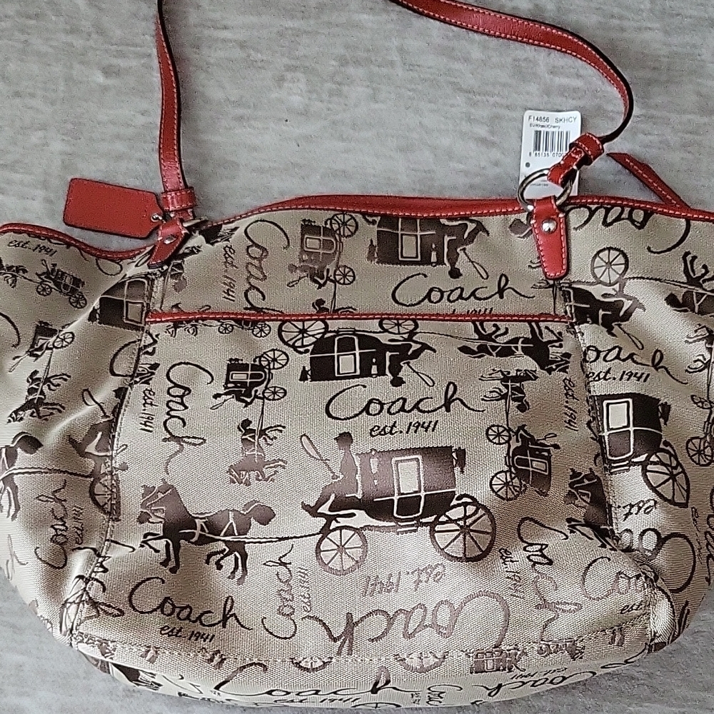 Coach Tan and Red Graphic Tote Bag - Picture 3 of 5